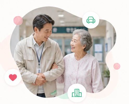병원동행 파트너와 어르신이 병원에서 함께 이동하는 모습