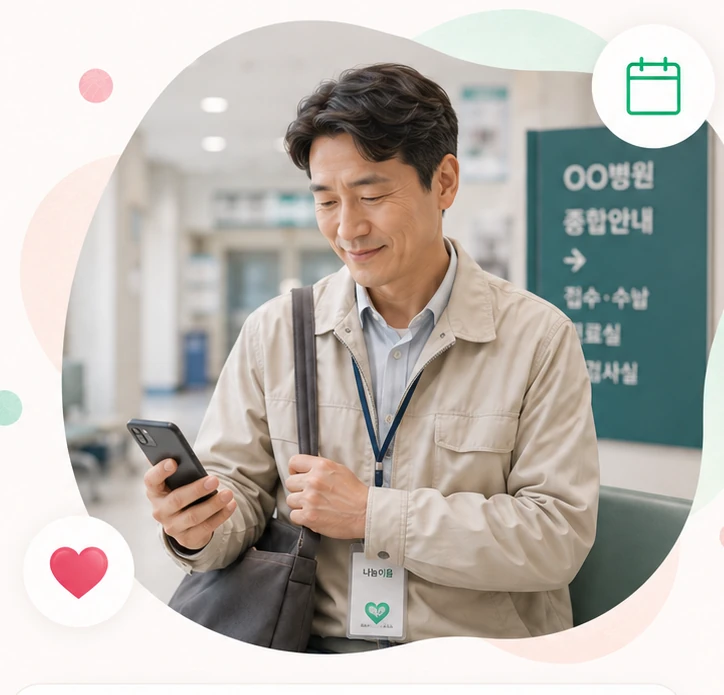 휴대폰으로 병원동행 예약 일정을 확인하는 파트너